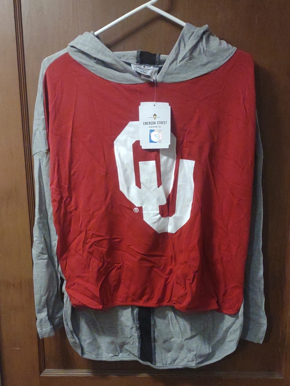 OU Hooded Women’s Hoodie shirt - Crimson Gray Vented Logo Hoody Small